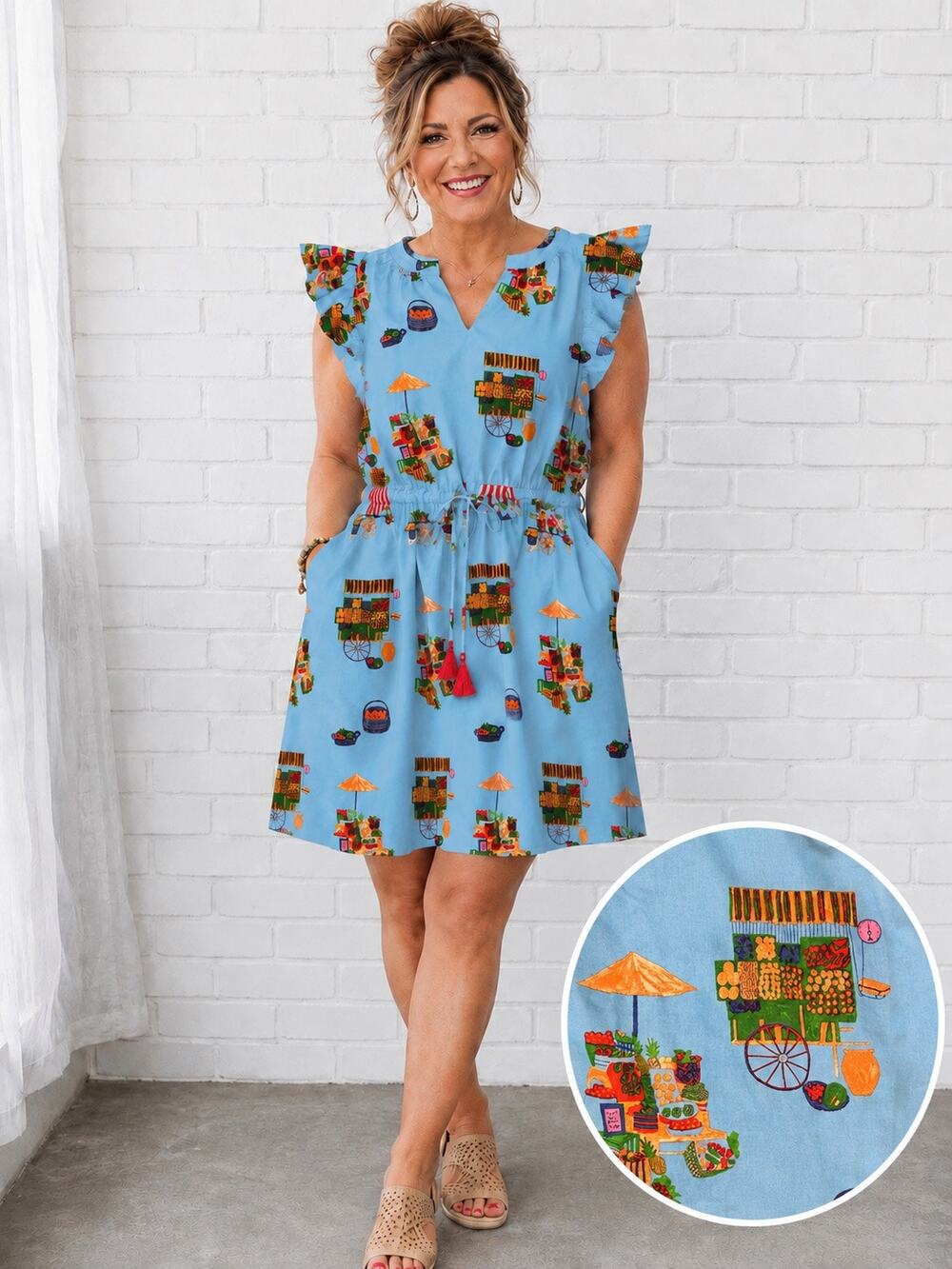 Sugarlips Market Print Dress Women’s 2XL Blue 100% Cotton Pockets Flutter Sleeve
